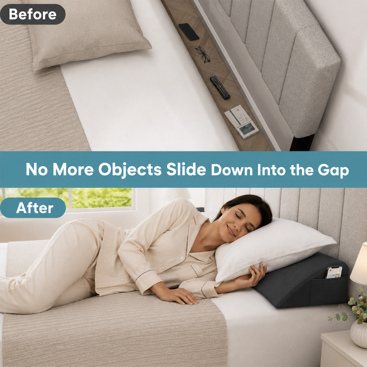 Bed Wedge Pillow Headboard Gap Filler 2 Storage Pockets Bedroom Queen Grey
