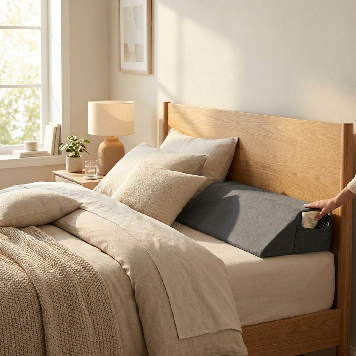 Bed Wedge Pillow Headboard Gap Filler 2 Storage Pockets Bedroom Queen Grey