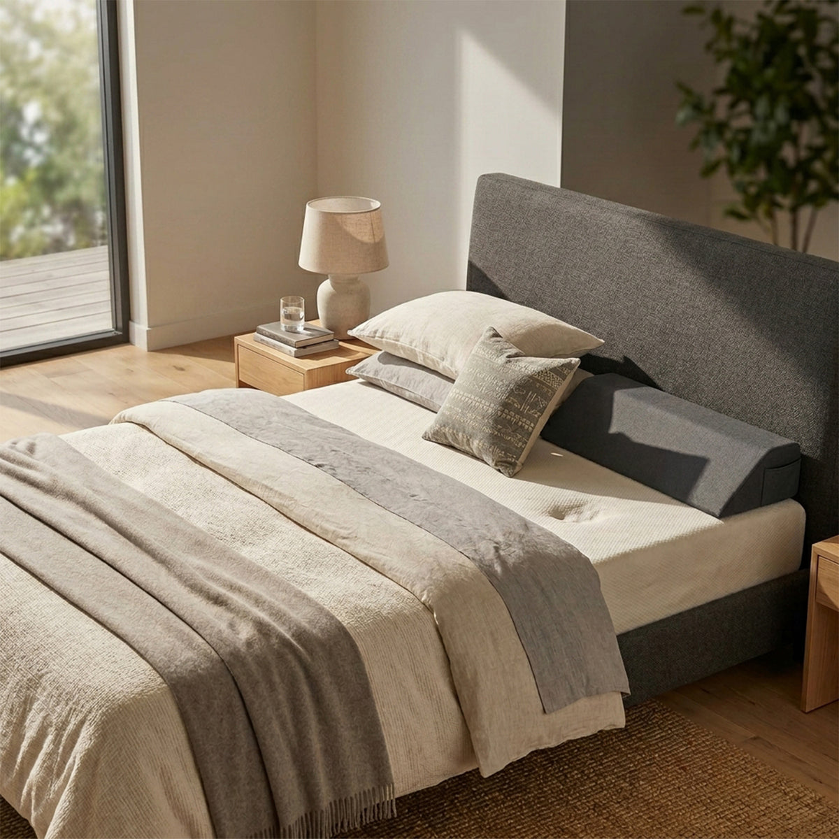 Bed Wedge Pillow Headboard Gap Filler 2 Storage Pockets Bedroom Queen Grey