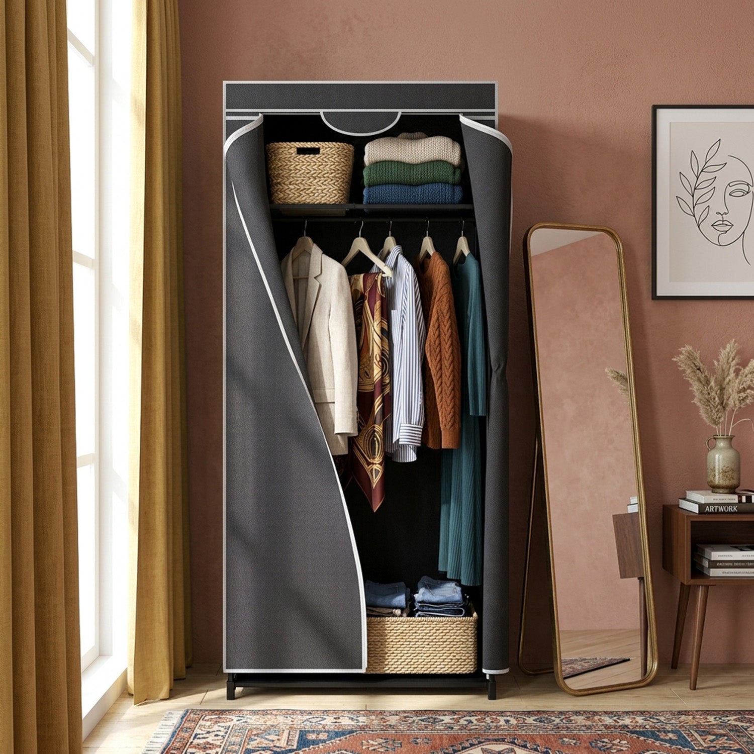 Portable Single Wardrobe Dust Proof Cover Zippers Clothes Shoes Storage Closet