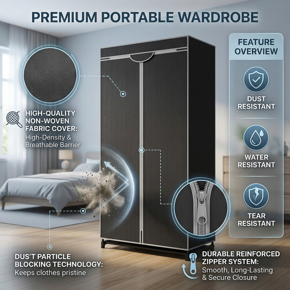 Portable Single Wardrobe Dust Proof Cover Zippers Clothes Shoes Storage Closet