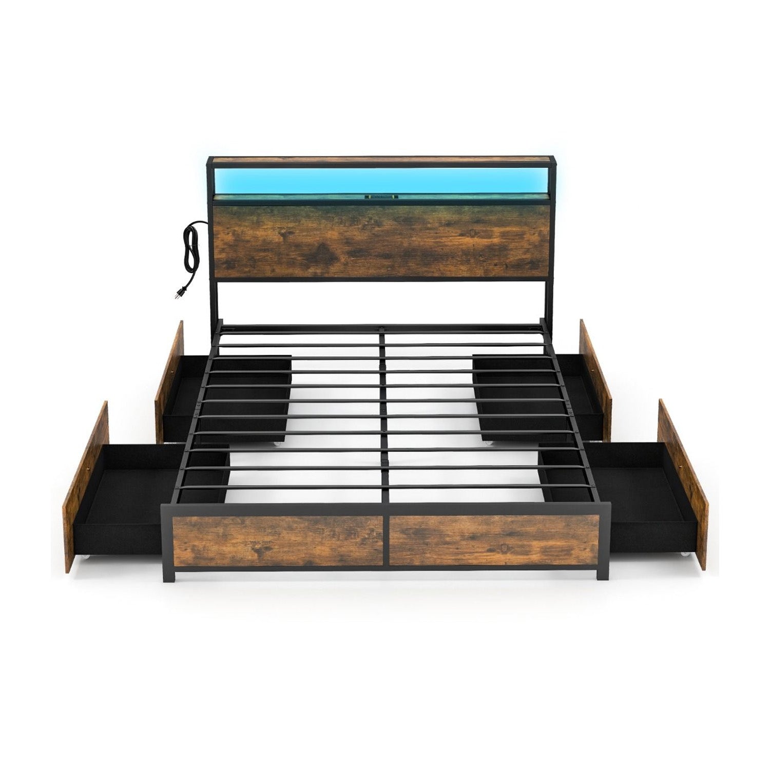 Queen Bed Frame Smart LED Lights Storage Headboard Bedroom Furniture Modern