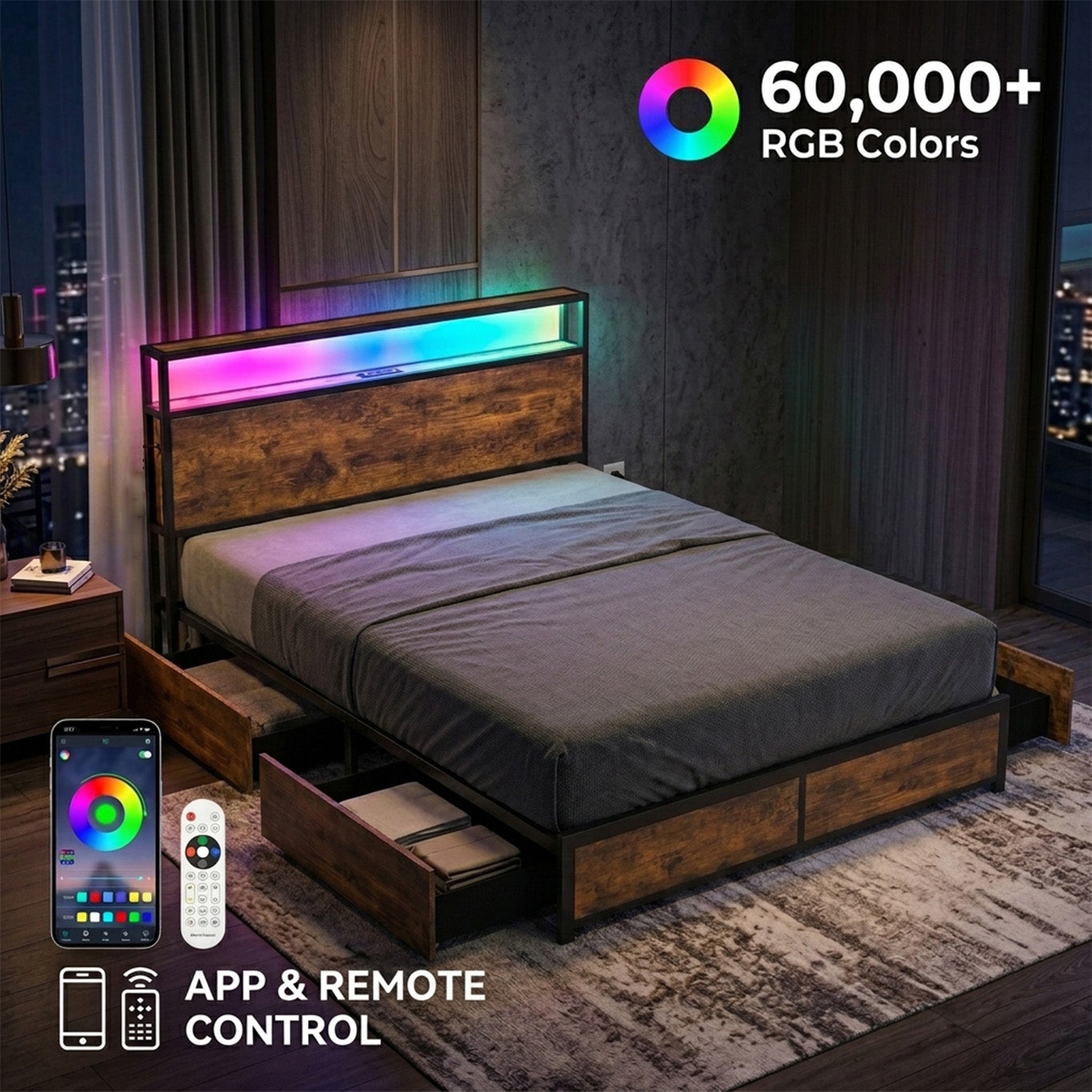 Queen Bed Frame Smart LED Lights Storage Headboard Bedroom Furniture Modern