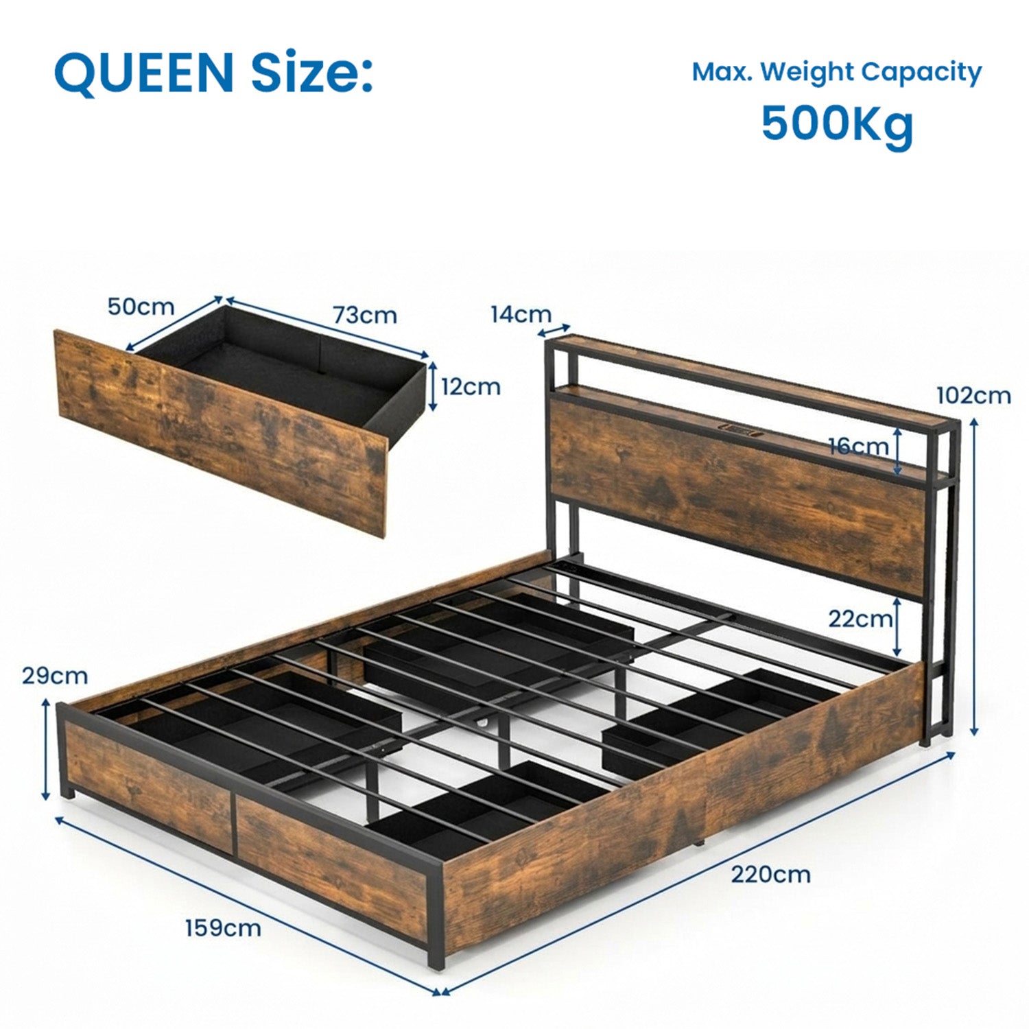Queen Bed Frame Smart LED Lights Storage Headboard Bedroom Furniture Modern