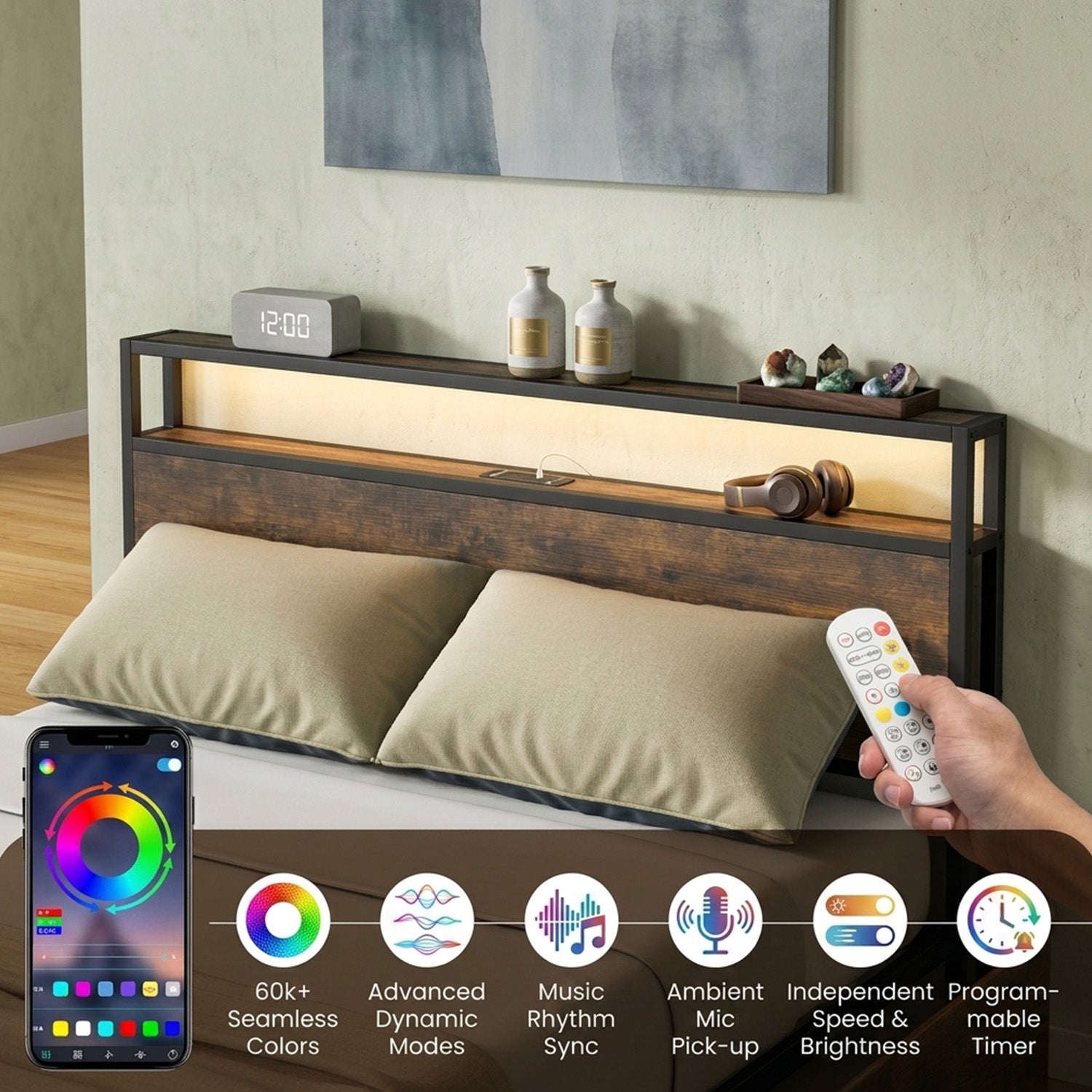 Queen Bed Frame Smart LED Lights Storage Headboard Bedroom Furniture Modern