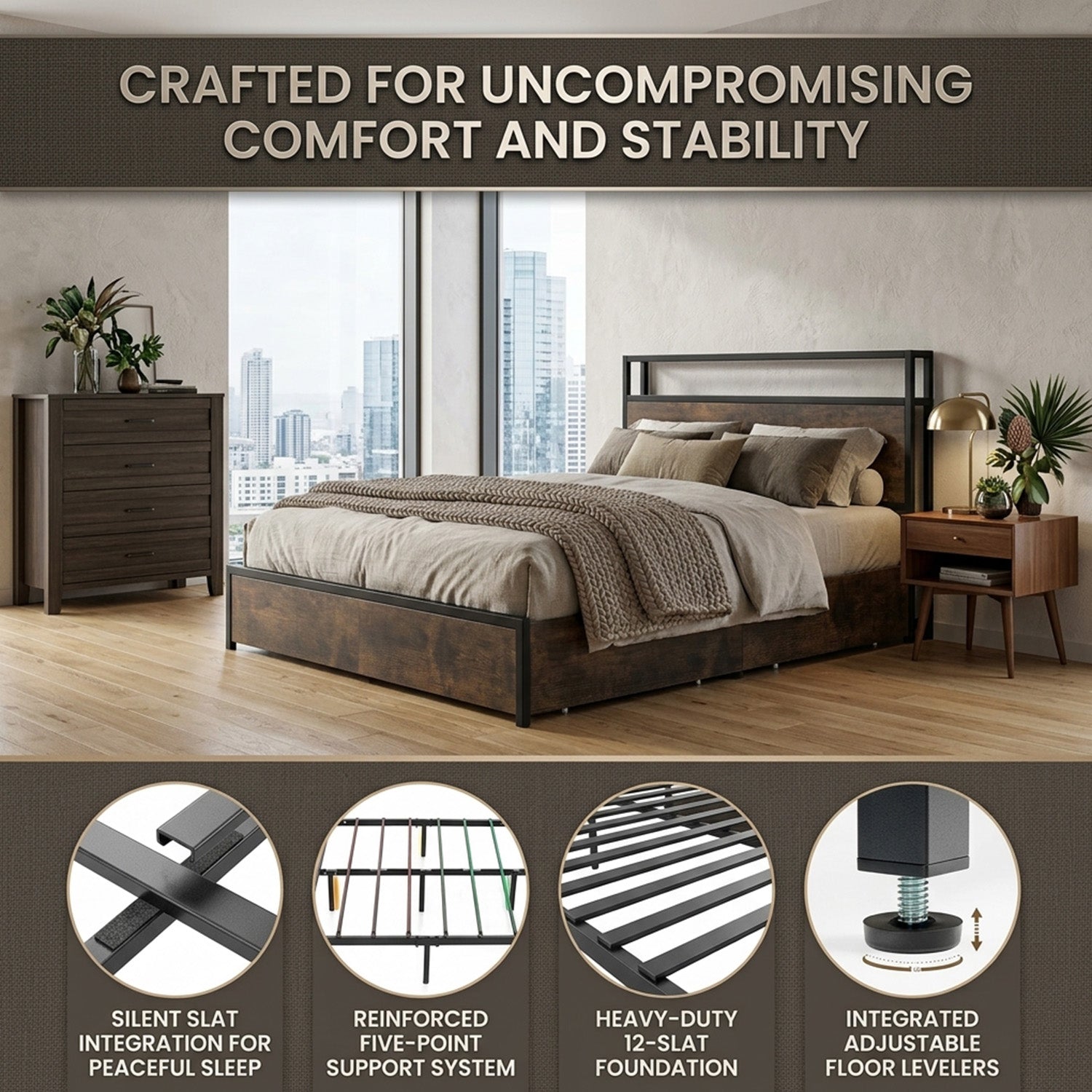 Queen Bed Frame Smart LED Lights Storage Headboard Bedroom Furniture Modern