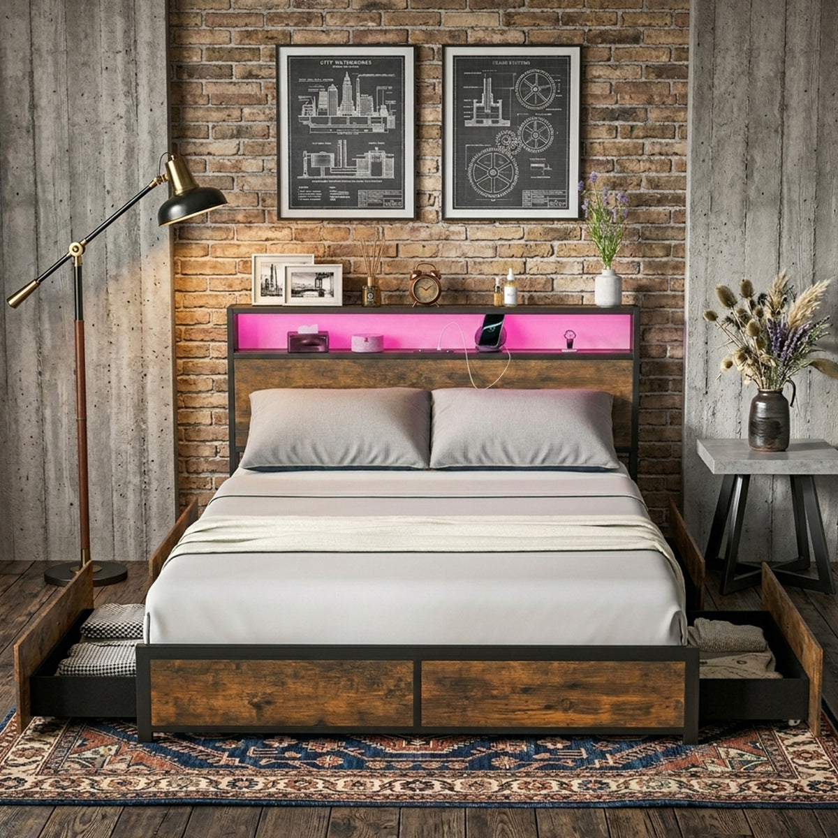 Queen Bed Frame Smart LED Lights Storage Headboard Bedroom Furniture Modern