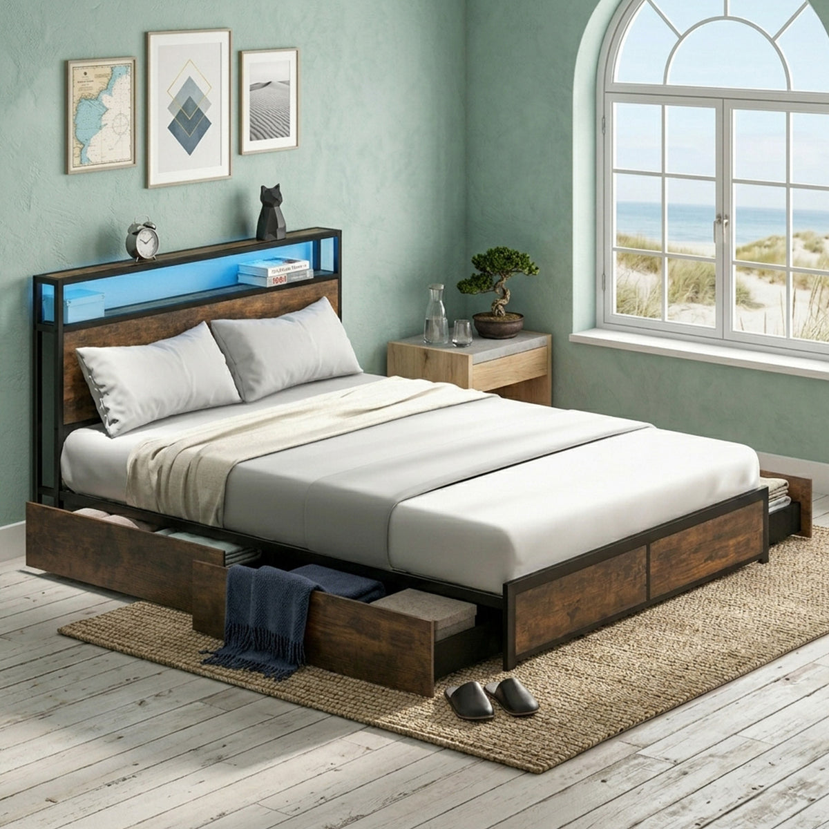 Queen Bed Frame Smart LED Lights Storage Headboard Bedroom Furniture Modern