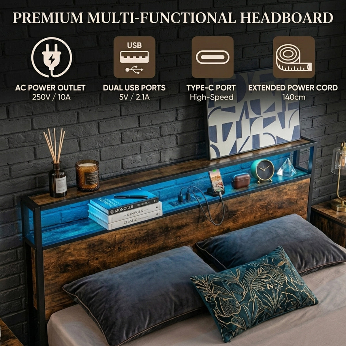 Queen Bed Frame Smart LED Lights Storage Headboard Bedroom Furniture Modern