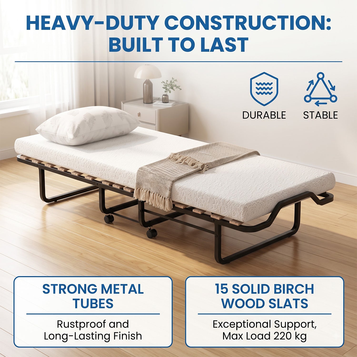 Folding Guest Bed with Memory Foam Mattress Rollaway Portable Bed Frame
