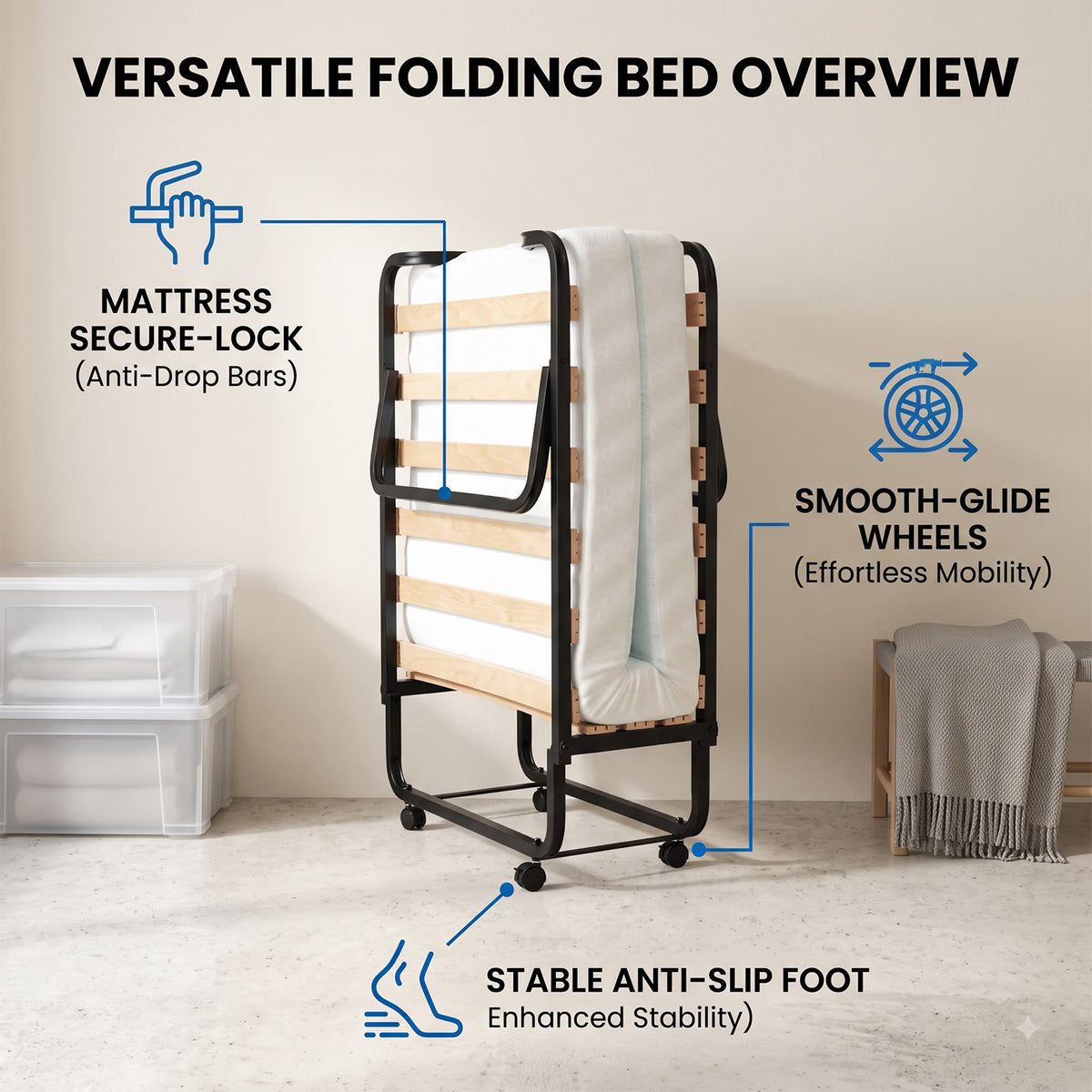 Folding Guest Bed with Memory Foam Mattress Rollaway Portable Bed Frame