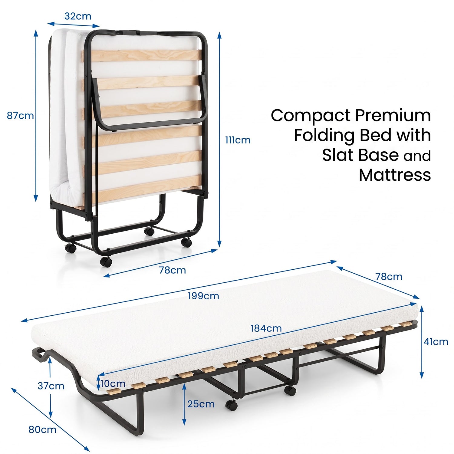 Folding Guest Bed with Memory Foam Mattress Rollaway Portable Bed Frame