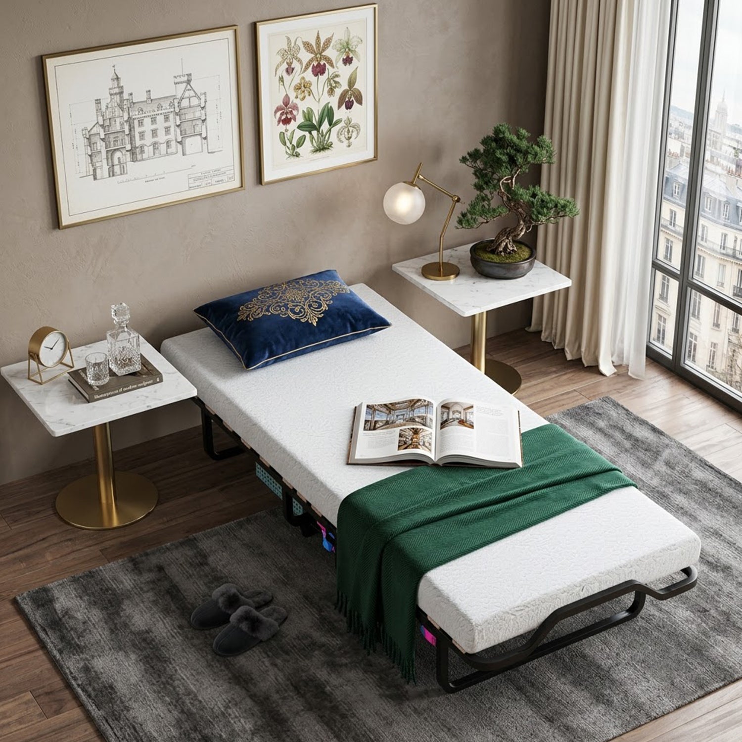 Folding Guest Bed with Memory Foam Mattress Rollaway Portable Bed Frame