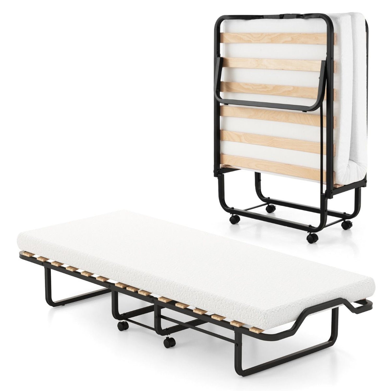 Folding Guest Bed with Memory Foam Mattress Rollaway Portable Bed Frame