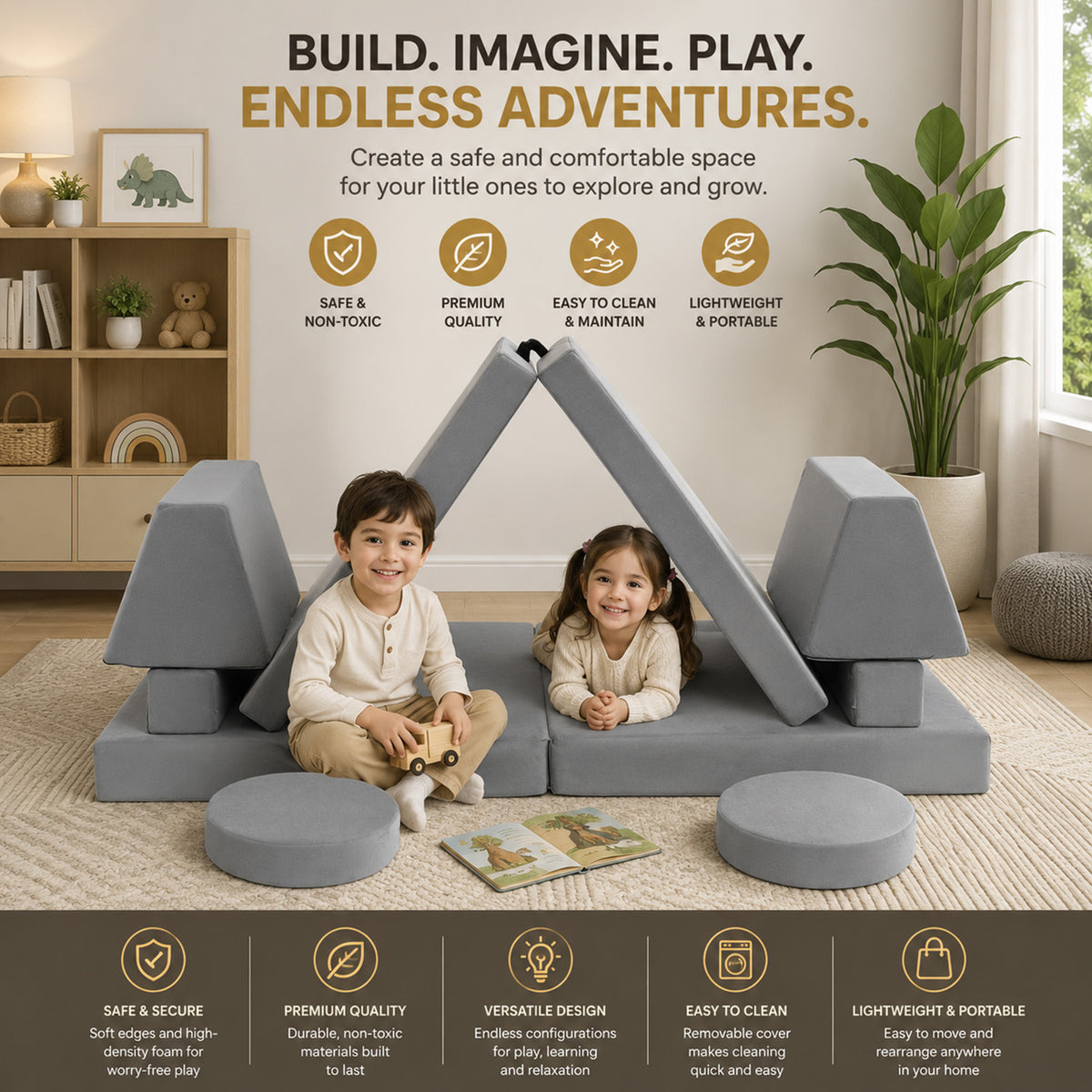 Kids Modular Convertible Foam Folding Sofa Portable Handle Play Furniture
