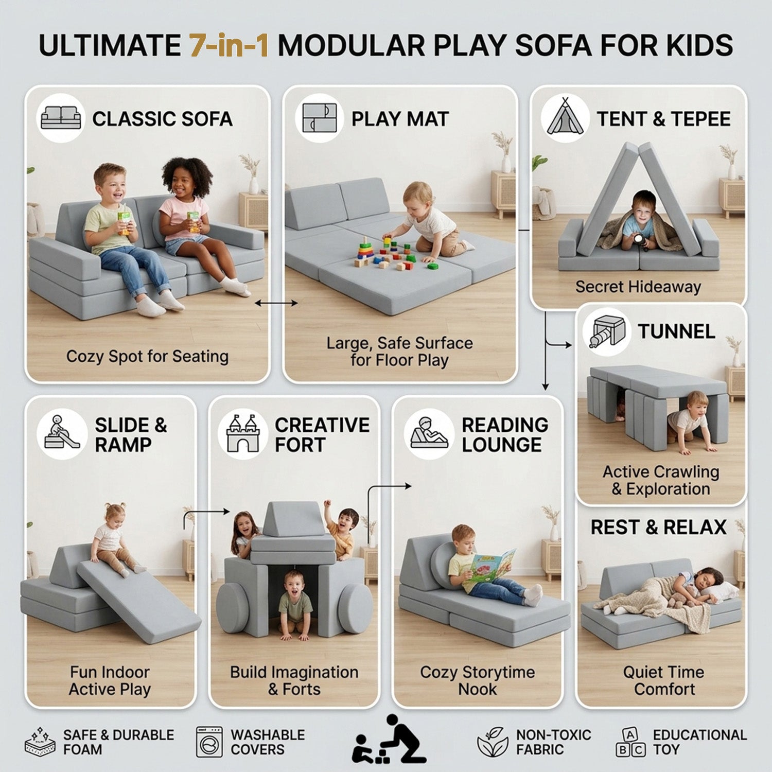 Kids Modular Convertible Foam Folding Sofa Portable Handle Play Furniture