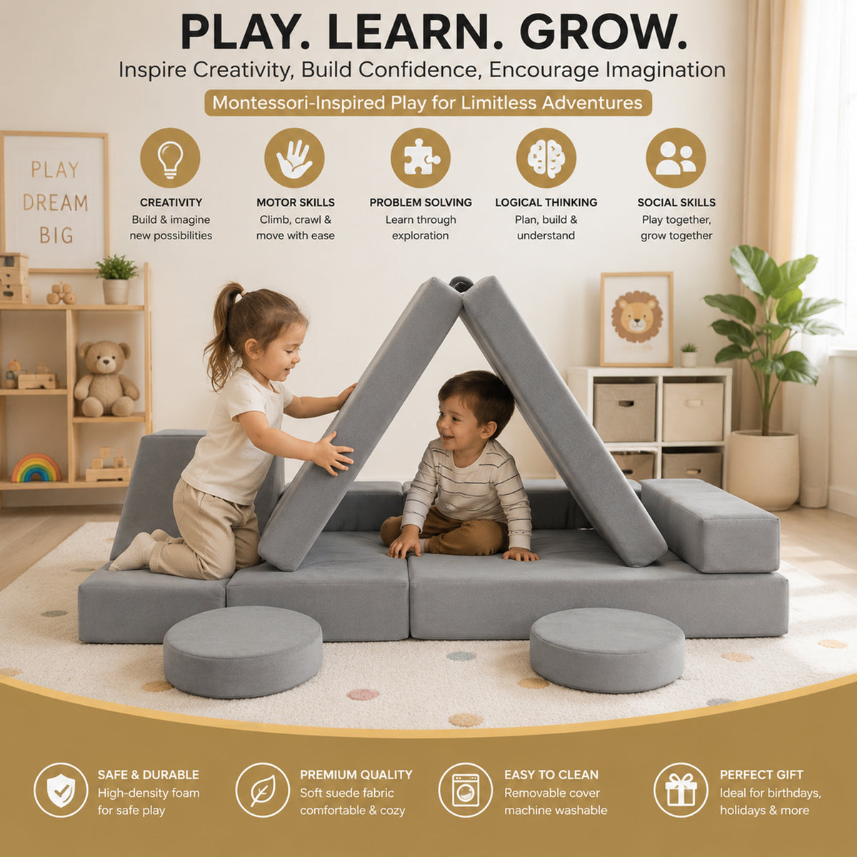 Kids Modular Convertible Foam Folding Sofa Portable Handle Play Furniture
