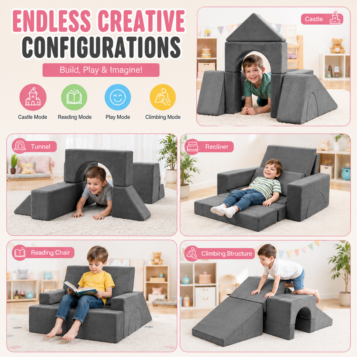8 Piece Kids Modular Play Sofa Detachable Cover Foam Furniture Playroom