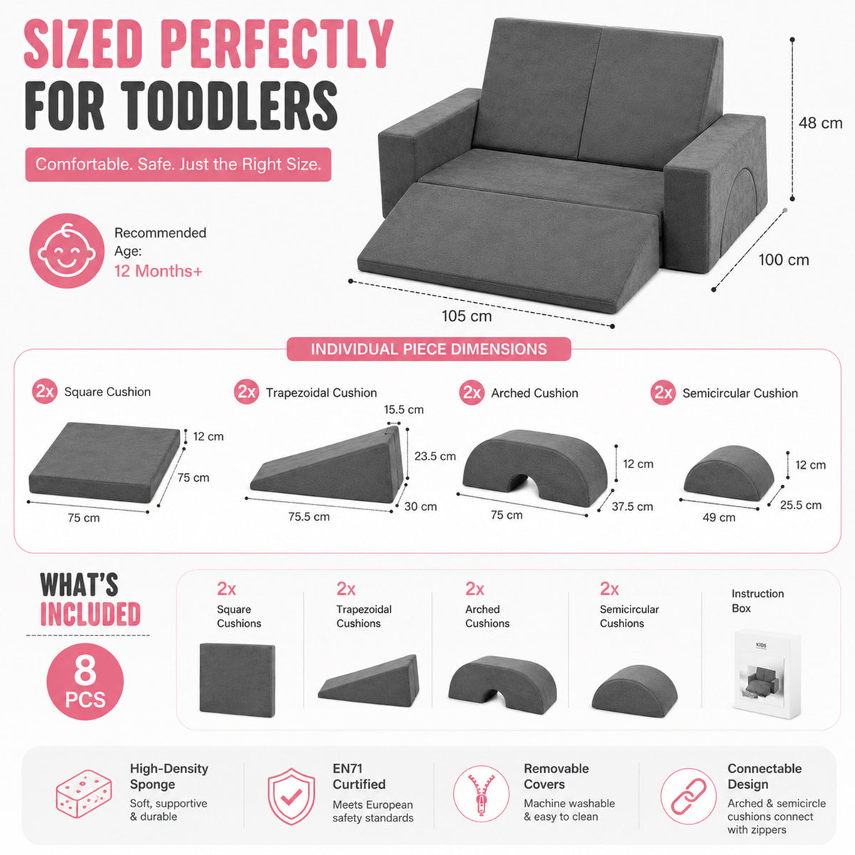 8 Piece Kids Modular Play Sofa Detachable Cover Foam Furniture Playroom