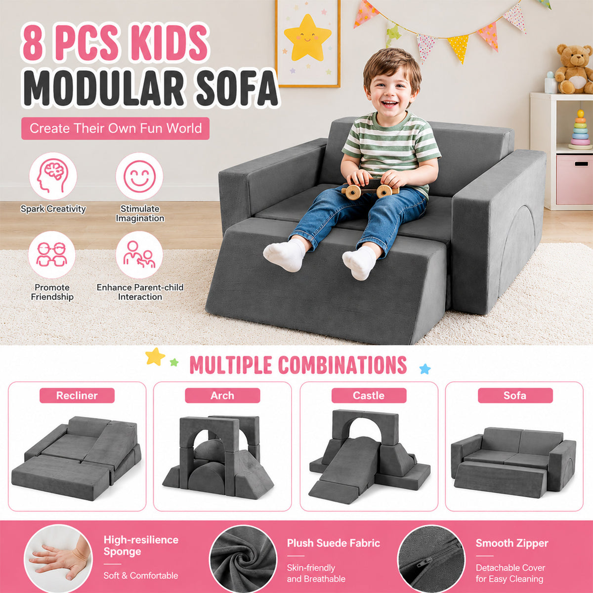 8 Piece Kids Modular Play Sofa Detachable Cover Foam Furniture Playroom