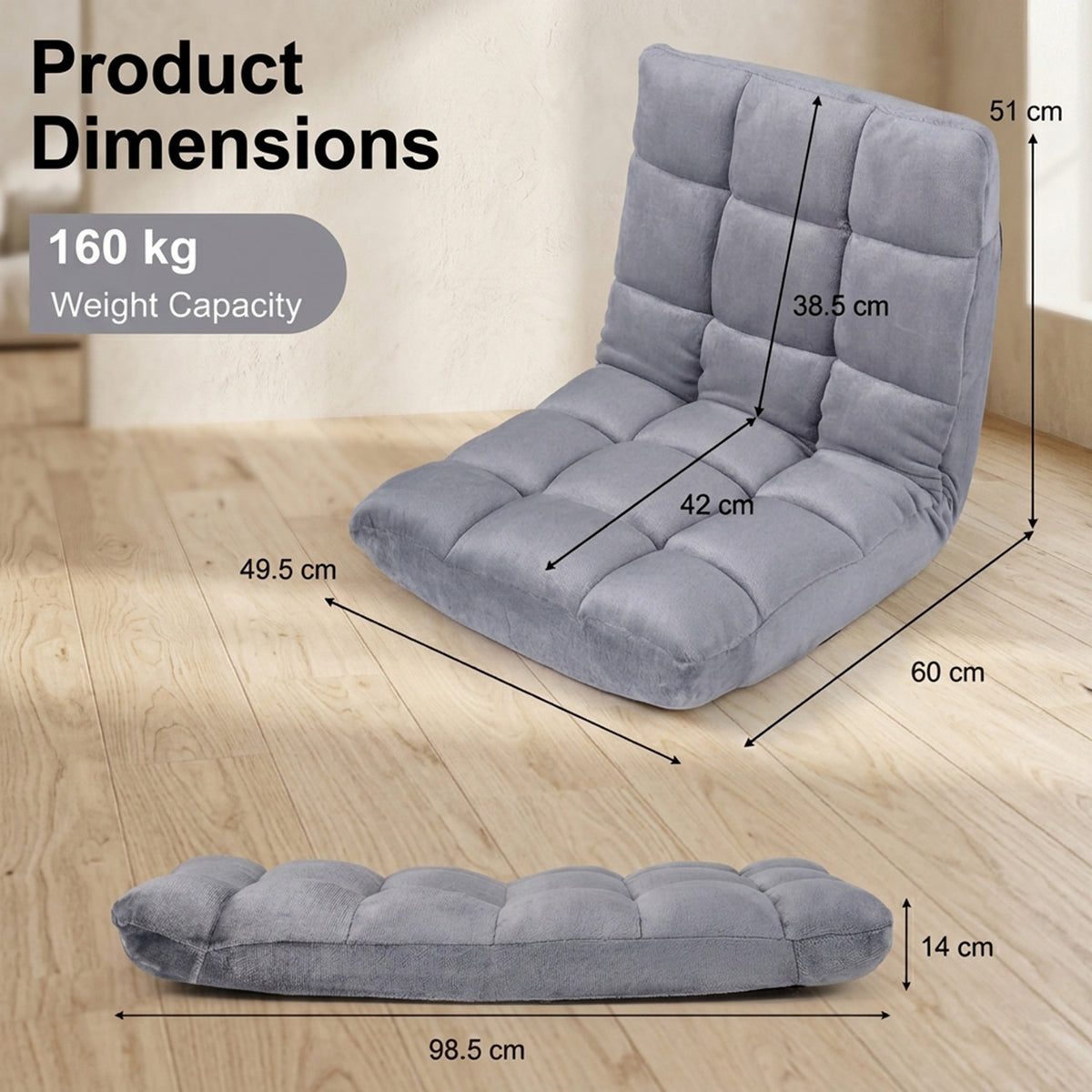 Adjustable 14 Position Folding Floor Chair Recliner Soft Flannel Cover