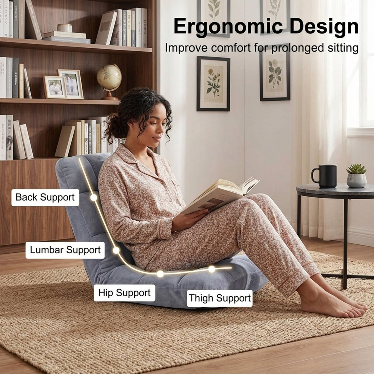 Adjustable 14 Position Folding Floor Chair Recliner Soft Flannel Cover