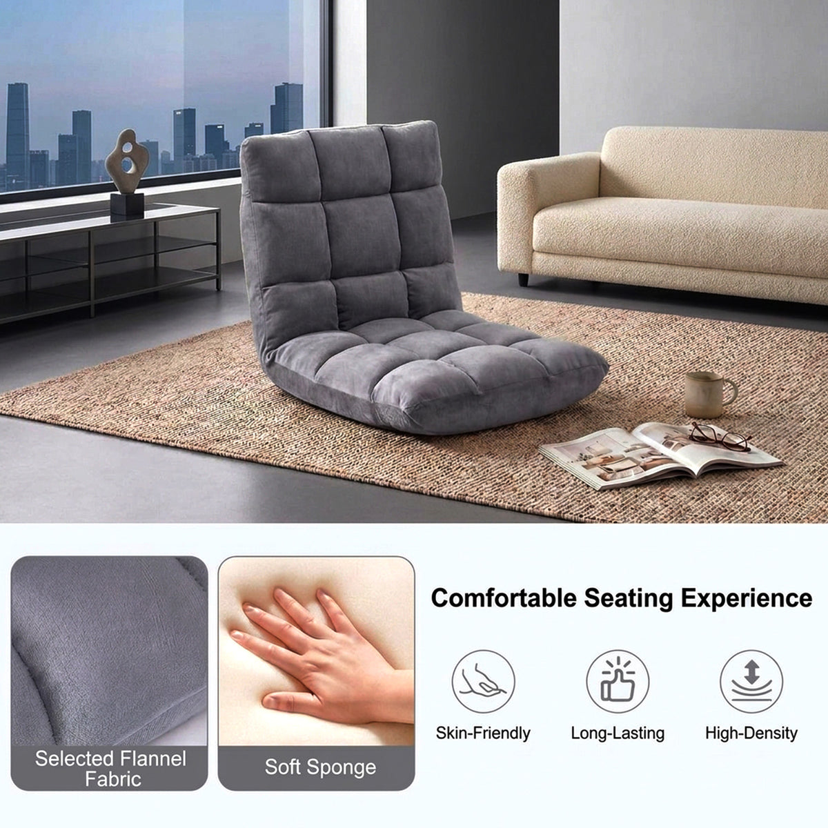 Adjustable 14 Position Folding Floor Chair Recliner Soft Flannel Cover