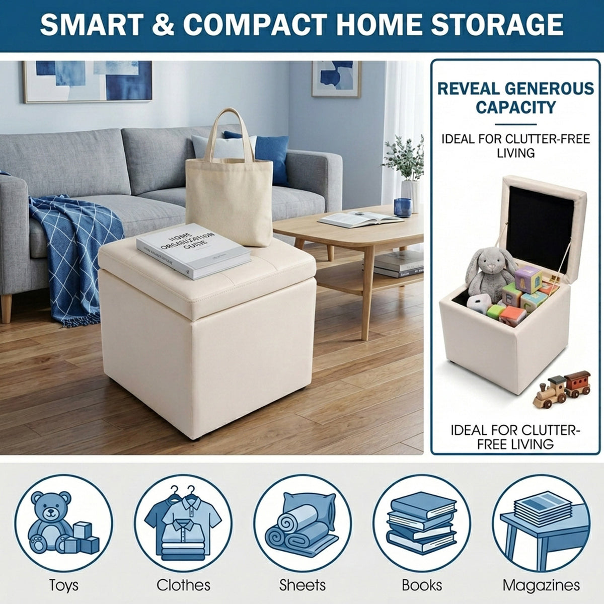 40cm PU Leather Cube Storage Ottoman with Lid Footstool Seat Furniture