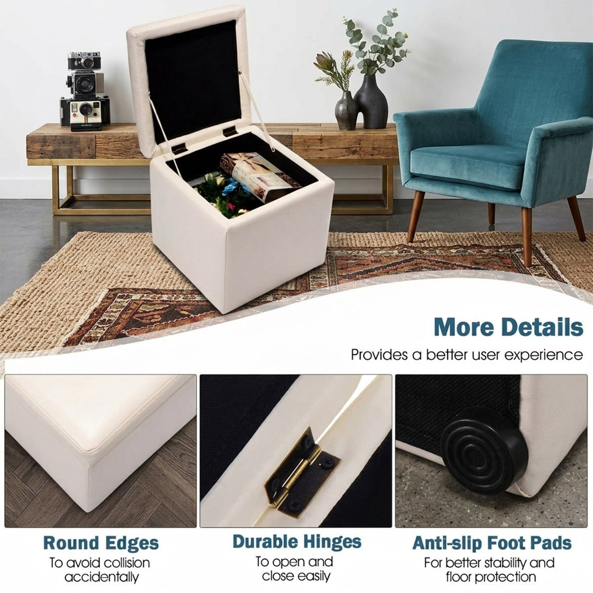 40cm PU Leather Cube Storage Ottoman with Lid Footstool Seat Furniture