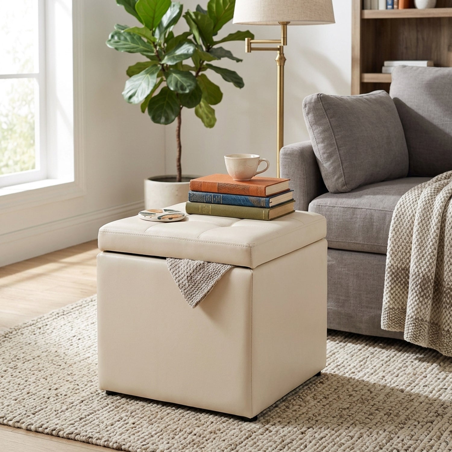 40cm PU Leather Cube Storage Ottoman with Lid Footstool Seat Furniture