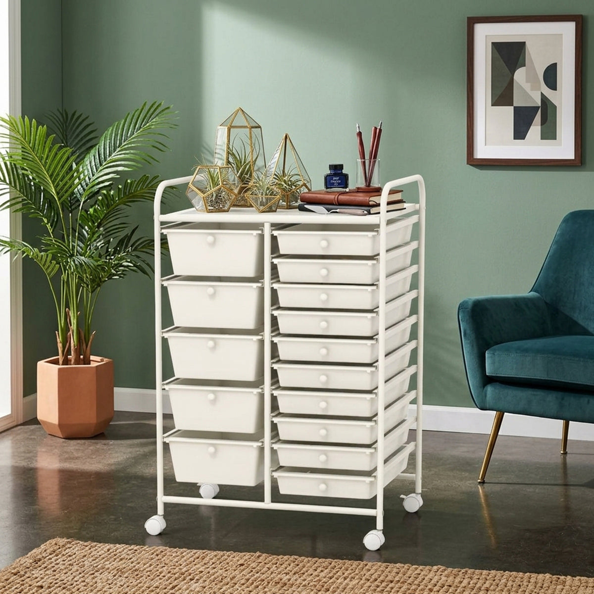 15 Drawer Rolling Storage Cart with Wheels Home Office Organiser