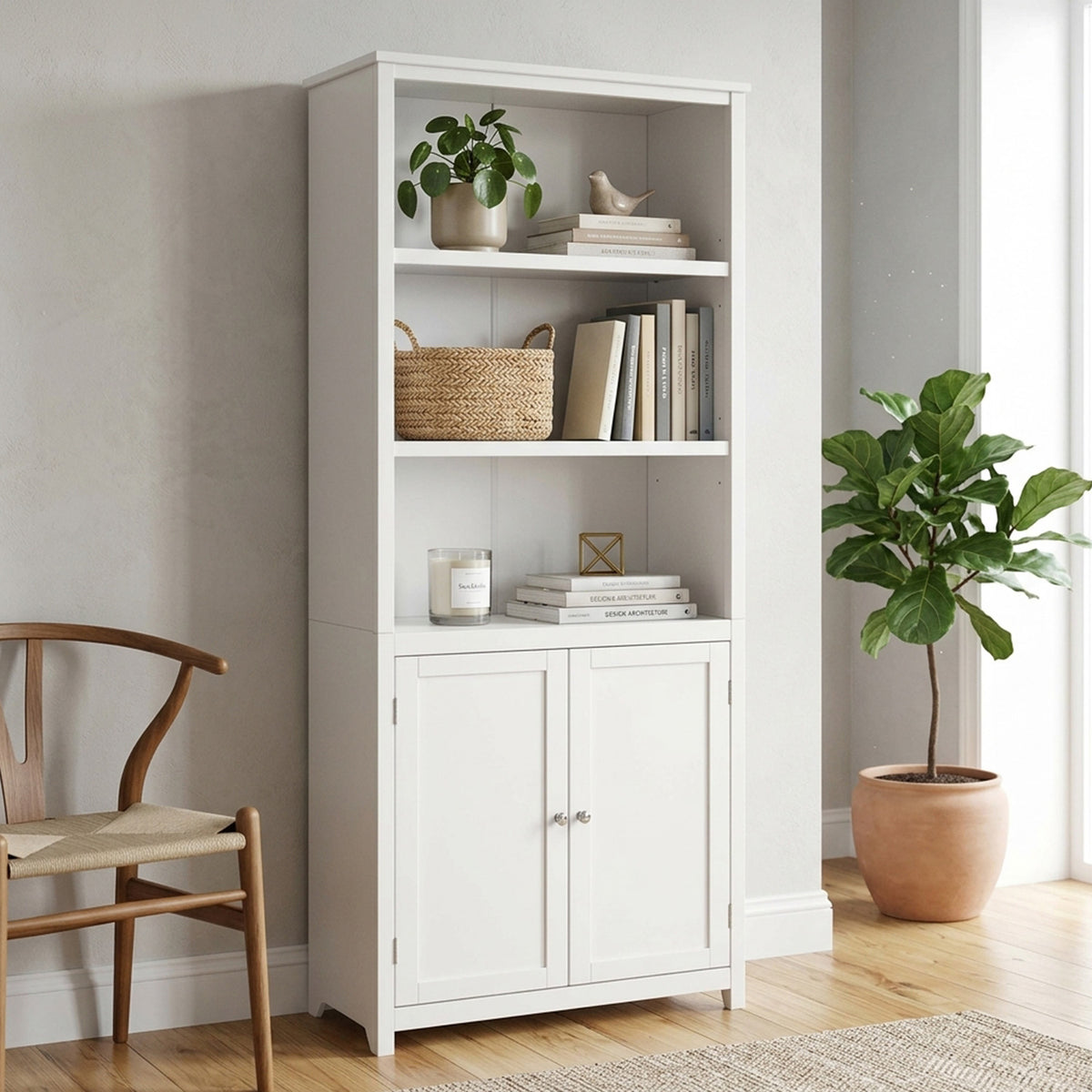 3 Shelf Bookcase Double Doors Adjustable Shelves Cabinet Storage Furniture'