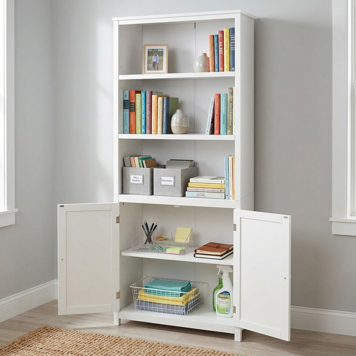 3 Shelf Bookcase Double Doors Adjustable Shelves Cabinet Storage Furniture'