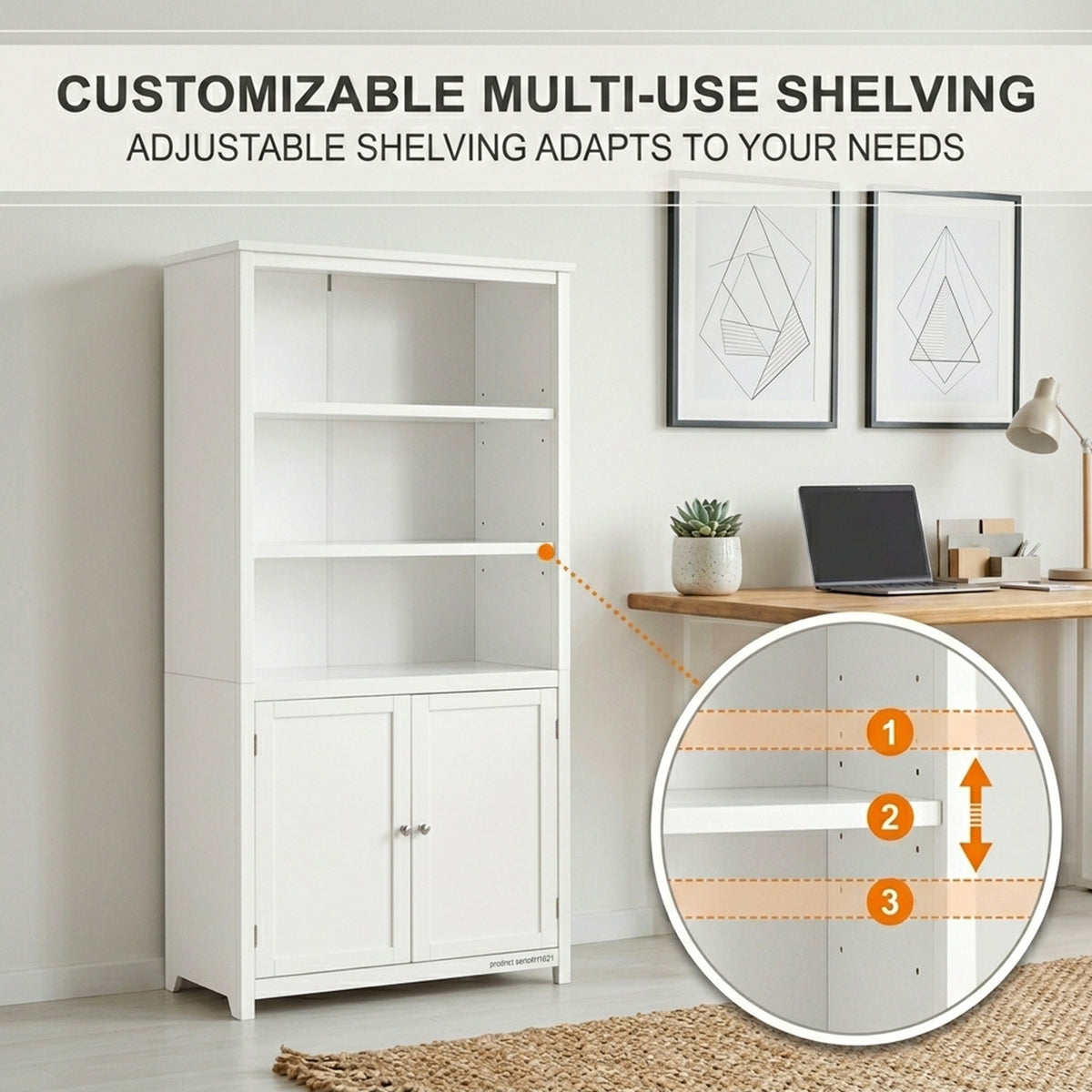 3 Shelf Bookcase Double Doors Adjustable Shelves Cabinet Storage Furniture'