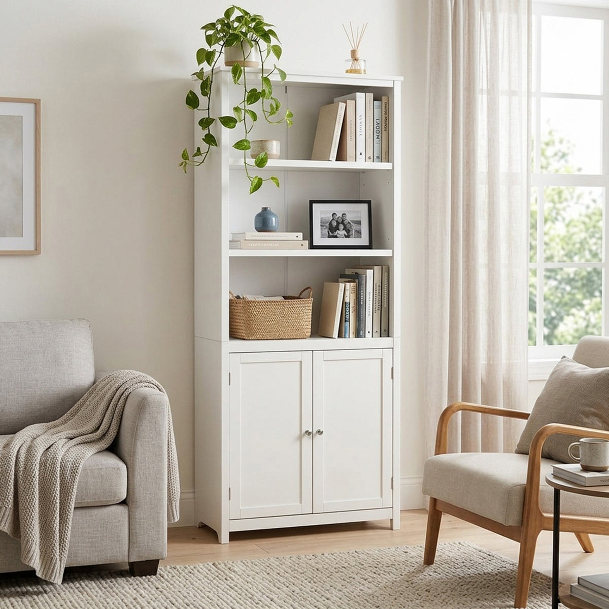 3 Shelf Bookcase Double Doors Adjustable Shelves Cabinet Storage Furniture'
