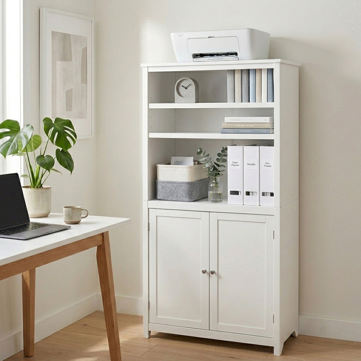 3 Shelf Bookcase Double Doors Adjustable Shelves Cabinet Storage Furniture'