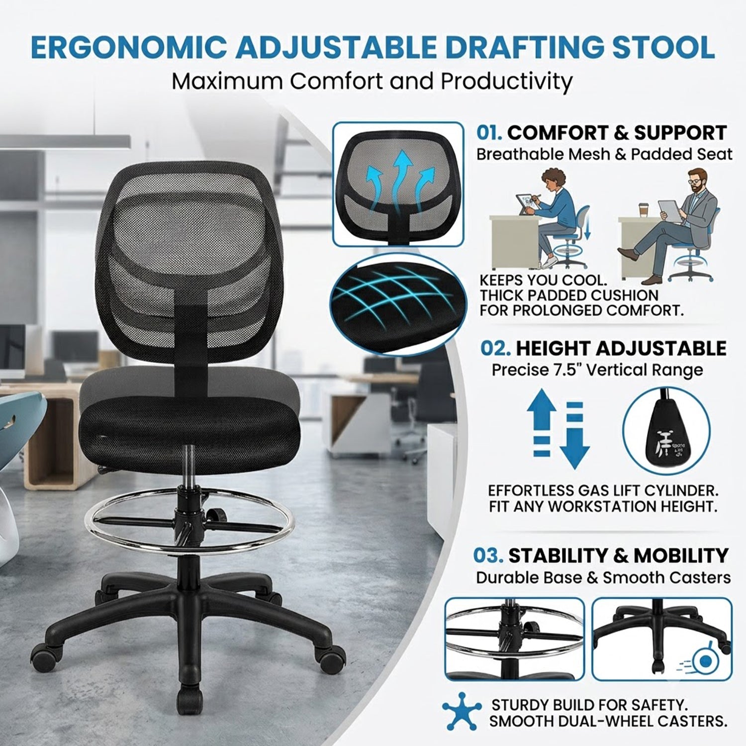 Mesh Drafting Chair with Lumbar Support Adjustable Height Footrest Ring Black