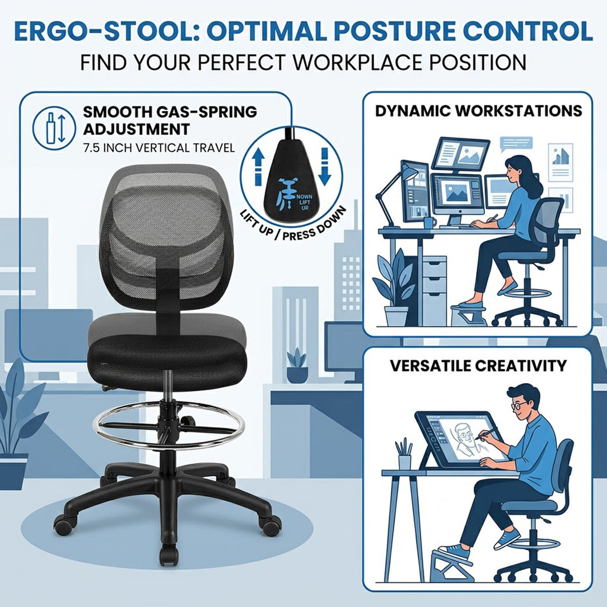 Mesh Drafting Chair with Lumbar Support Adjustable Height Footrest Ring Black