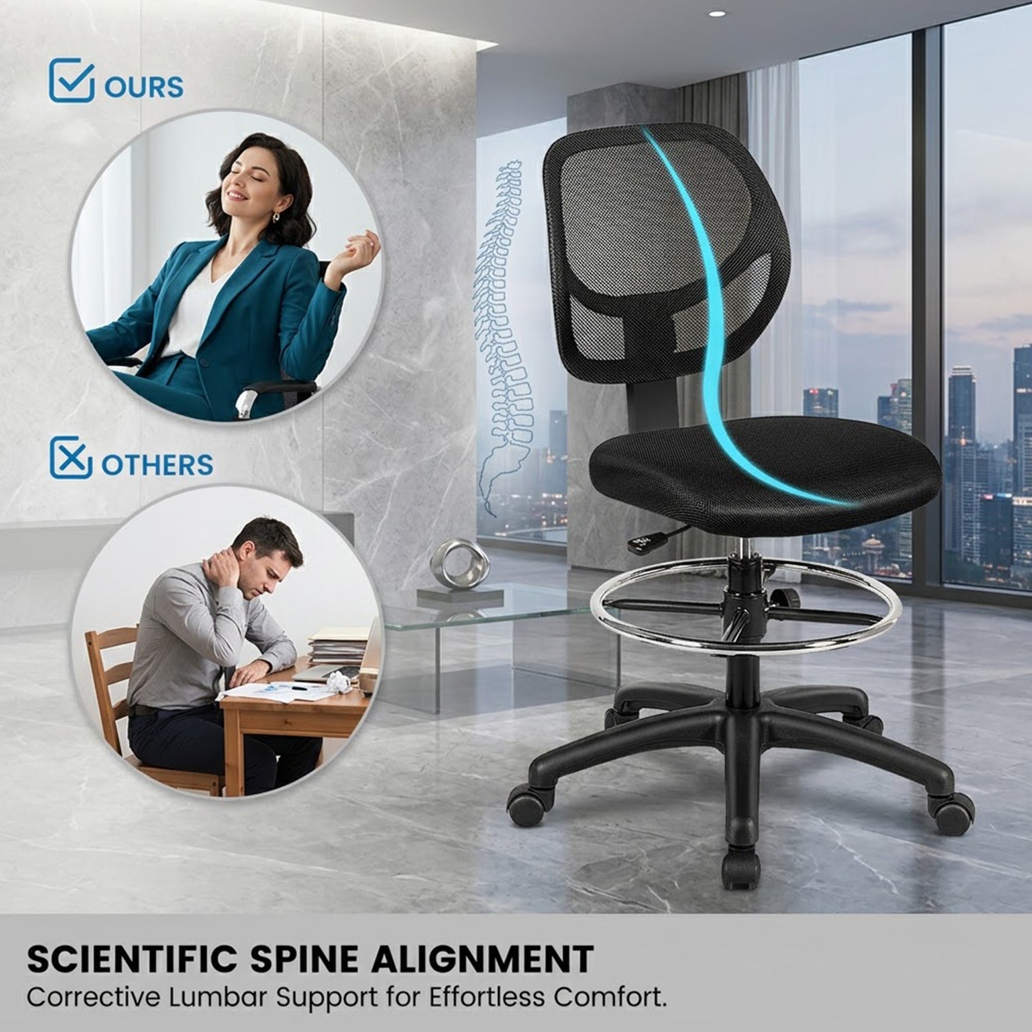 Mesh Drafting Chair with Lumbar Support Adjustable Height Footrest Ring Black