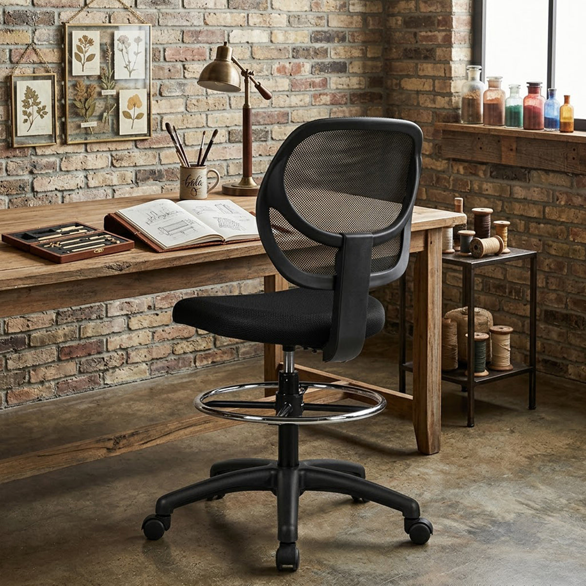 Mesh Drafting Chair with Lumbar Support Adjustable Height Footrest Ring Black