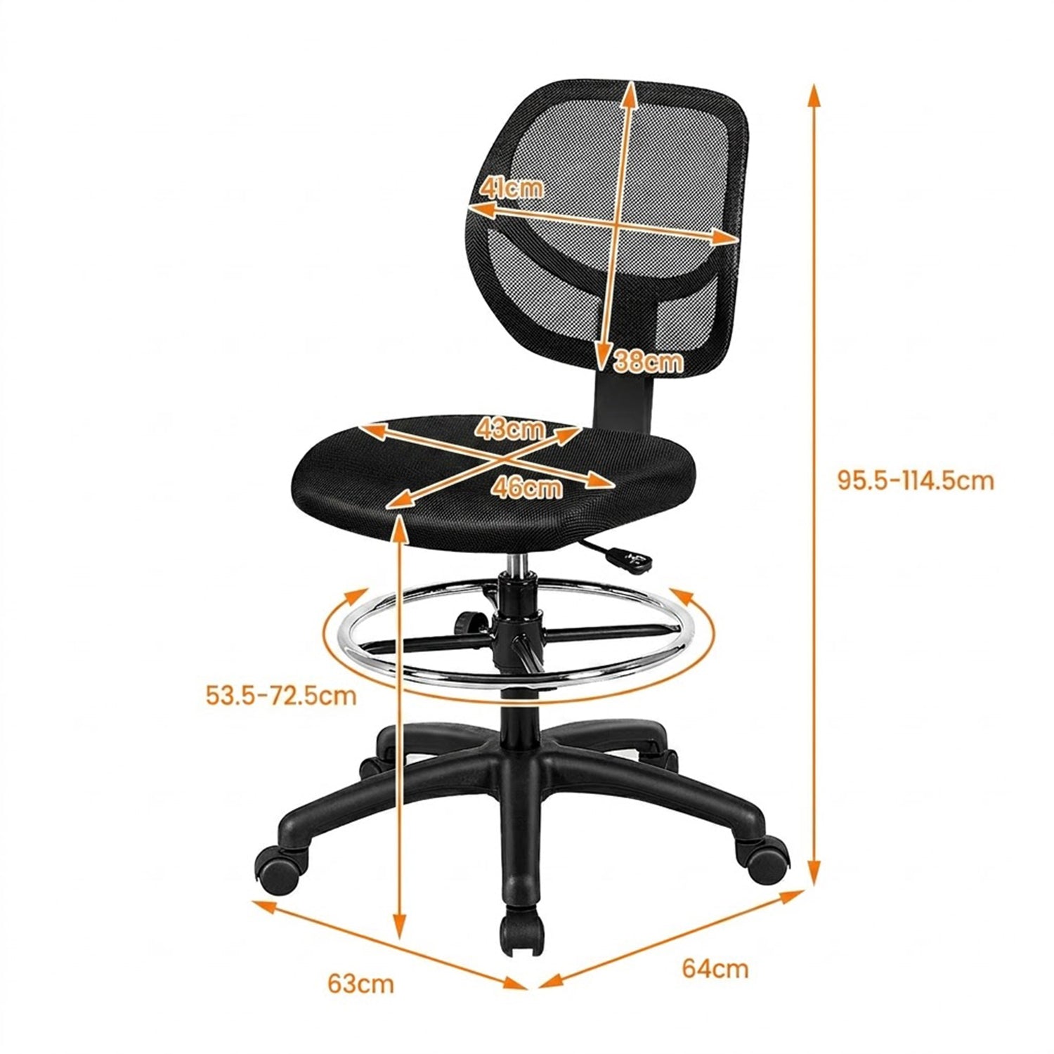 Mesh Drafting Chair with Lumbar Support Adjustable Height Footrest Ring Black