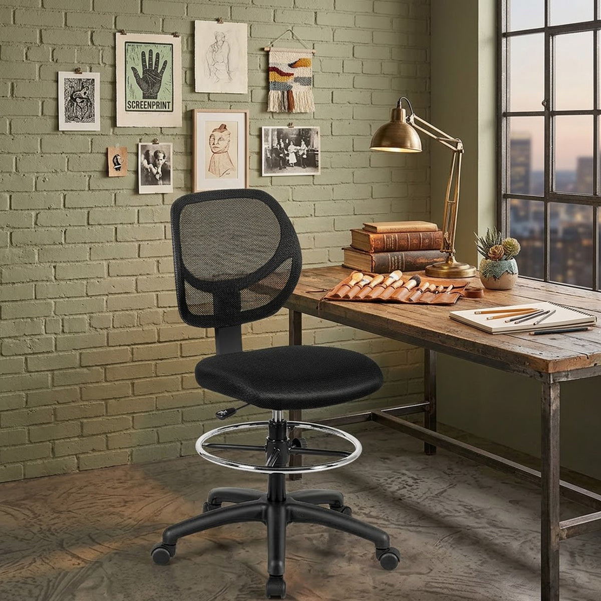Mesh Drafting Chair with Lumbar Support Adjustable Height Footrest Ring Black