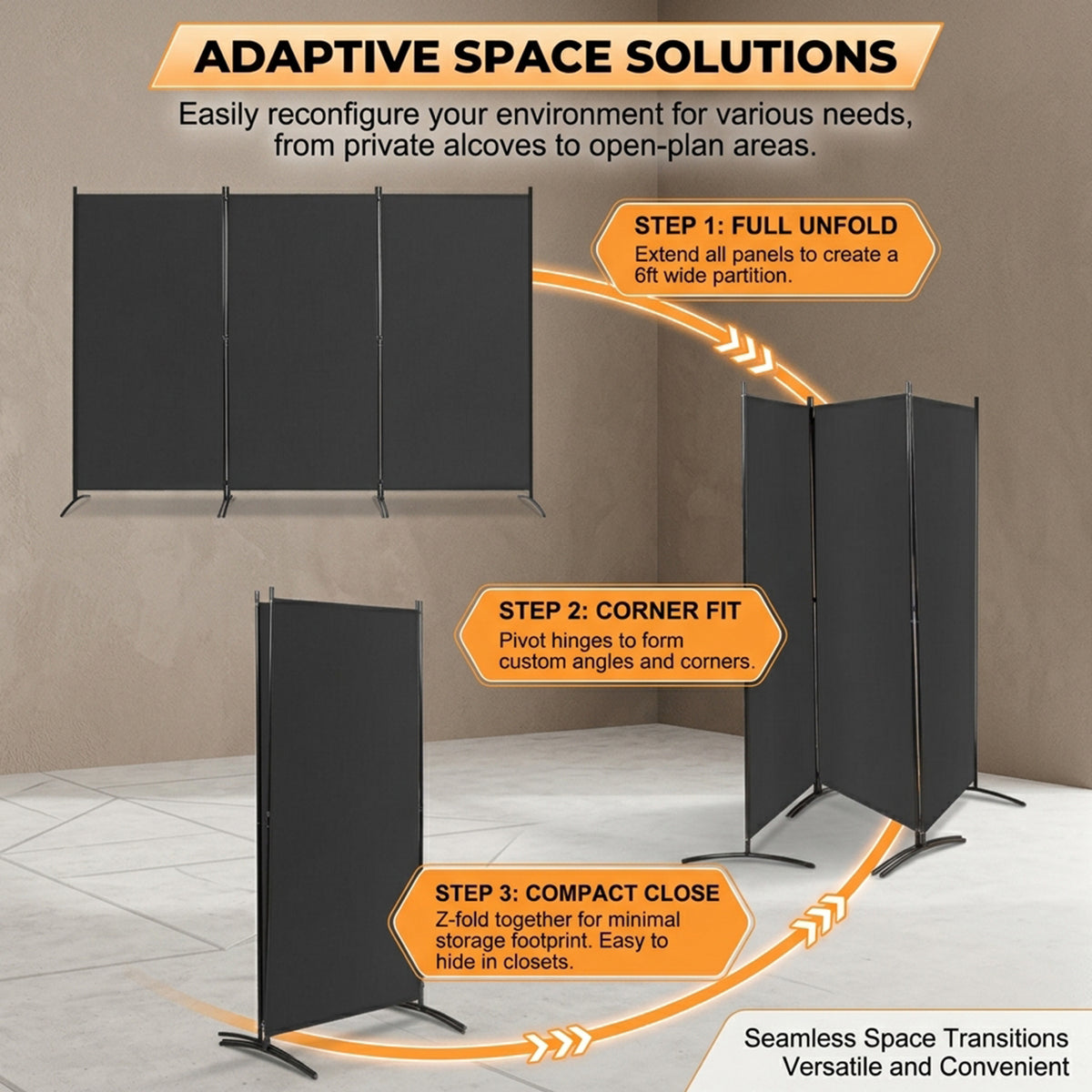 3 Panel Folding Room Divider Durable Hinges Steel Base Privacy Screen