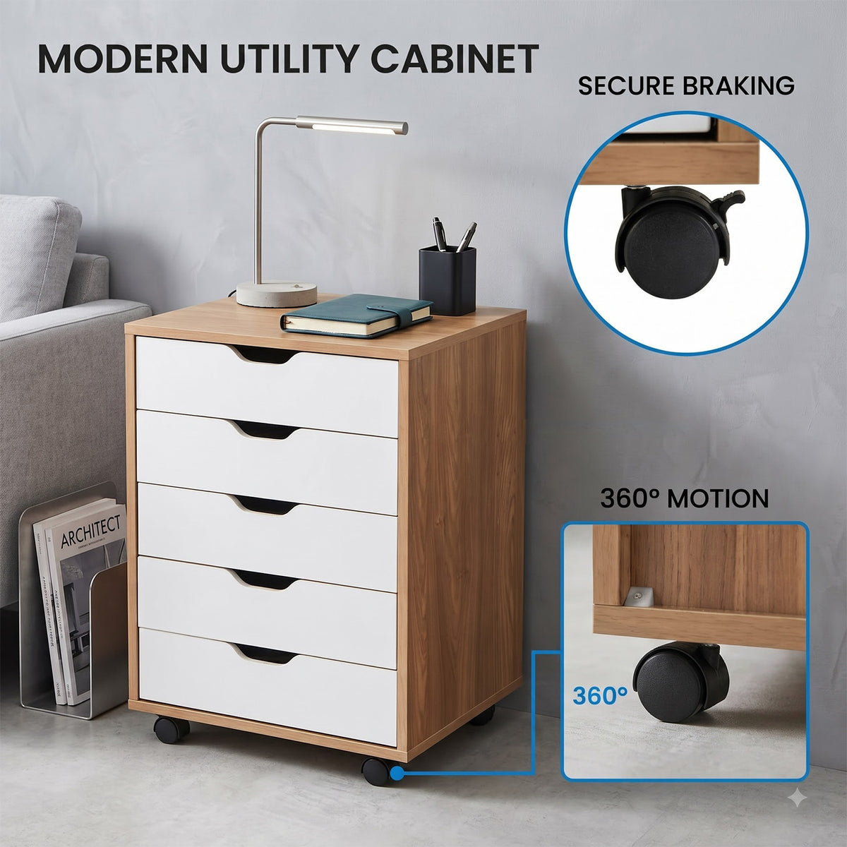 5 Drawer Storage Cabinet on Wheels Rolling Chest for Home Office