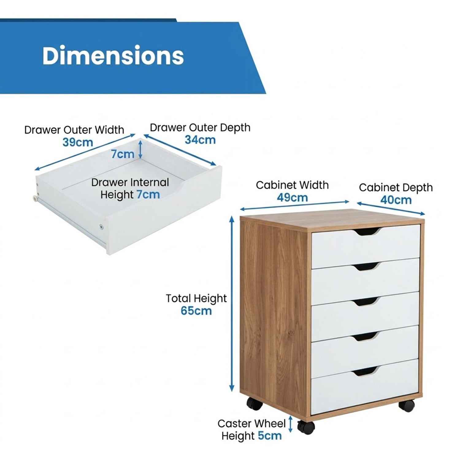 5 Drawer Storage Cabinet on Wheels Rolling Chest for Home Office