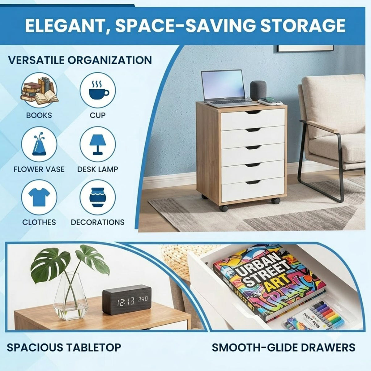 5 Drawer Storage Cabinet on Wheels Rolling Chest for Home Office