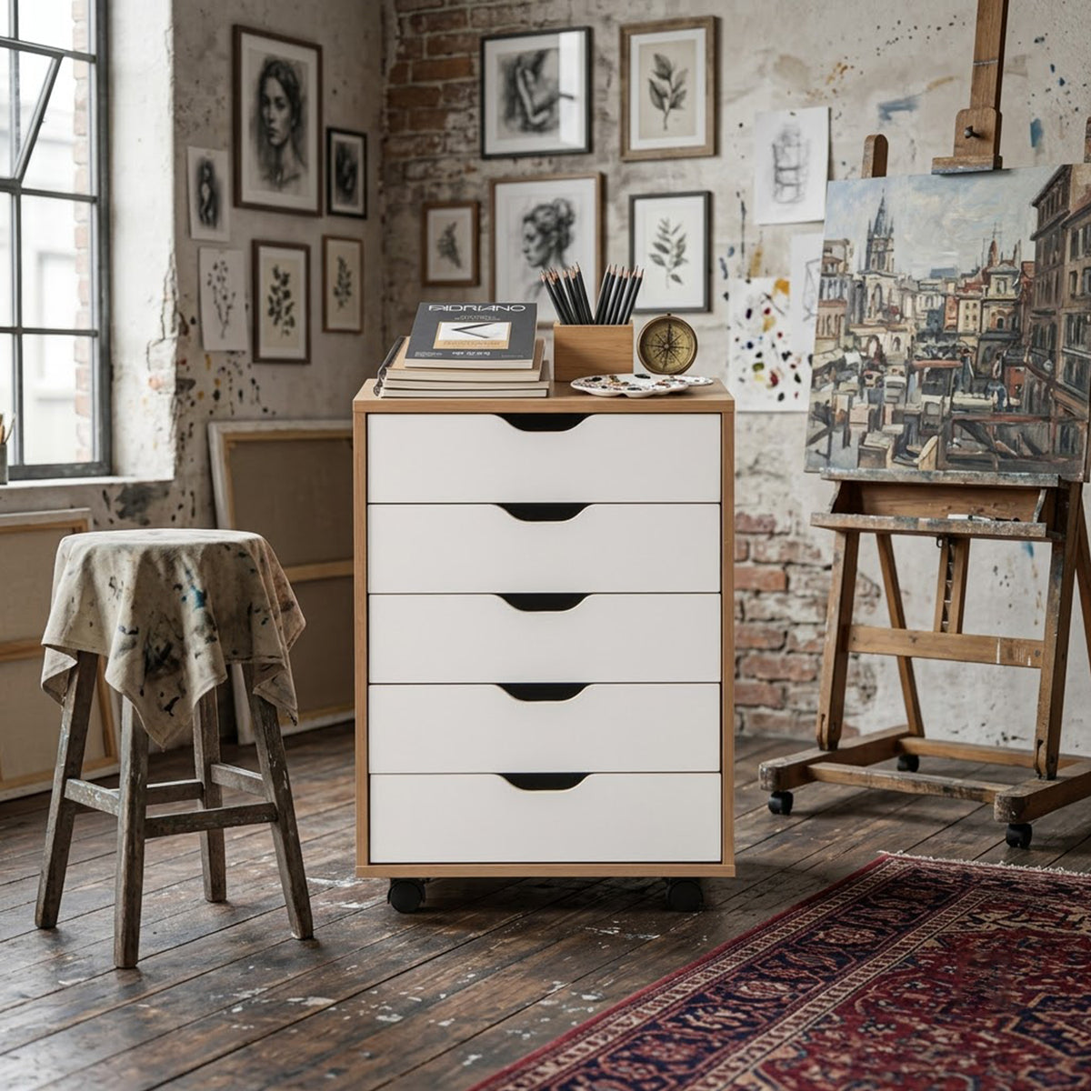 5 Drawer Storage Cabinet on Wheels Rolling Chest for Home Office
