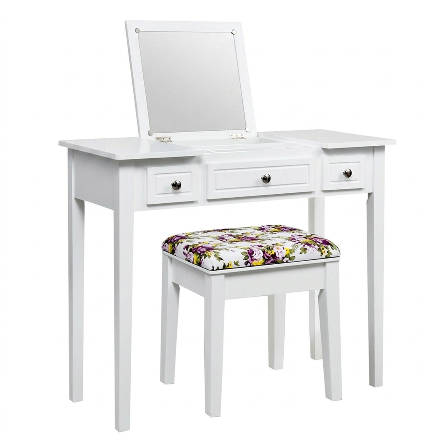 Dressing Table Stool Set Flip Top Mirror Storage Drawer Bedroom Vanity