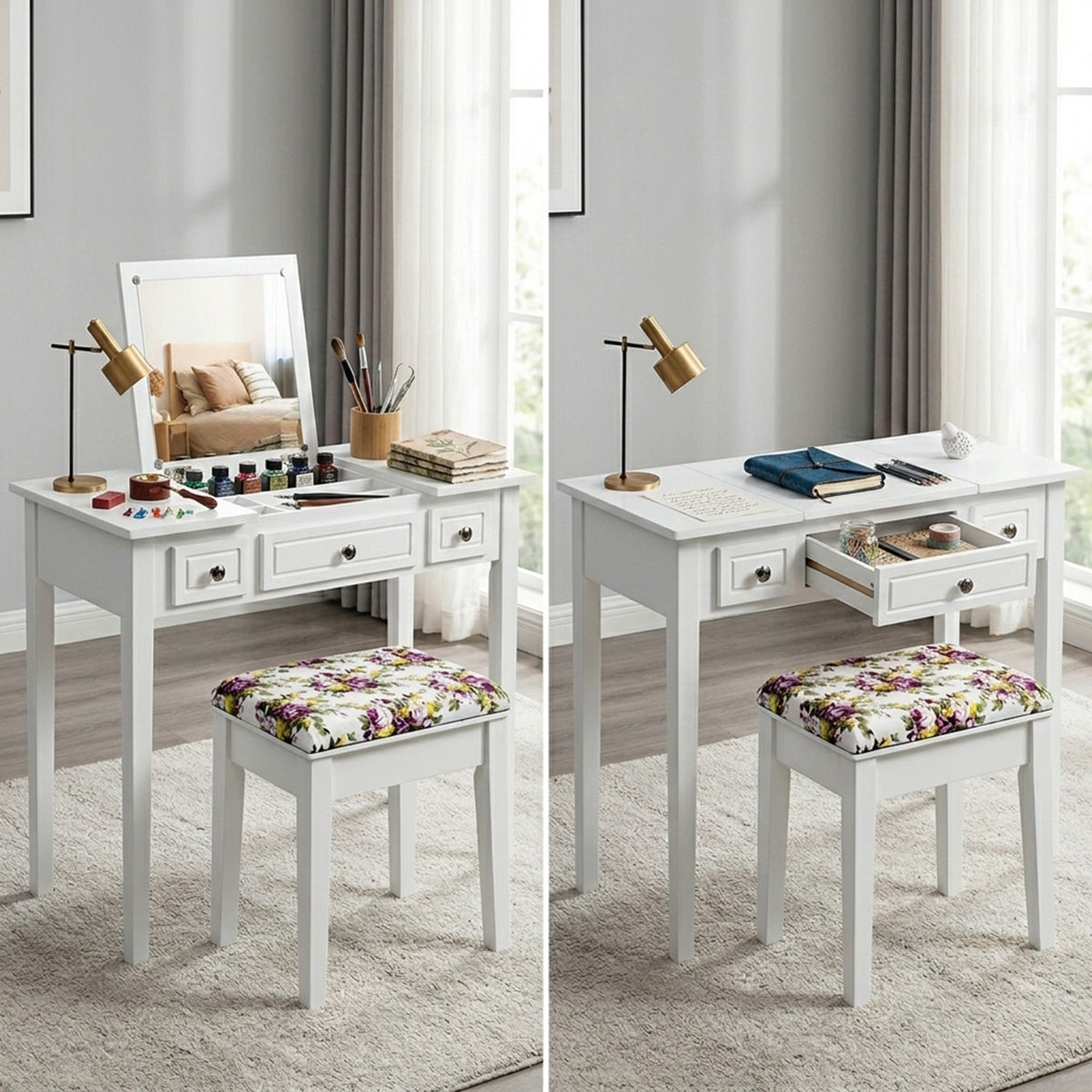Dressing Table Stool Set Flip Top Mirror Storage Drawer Bedroom Vanity