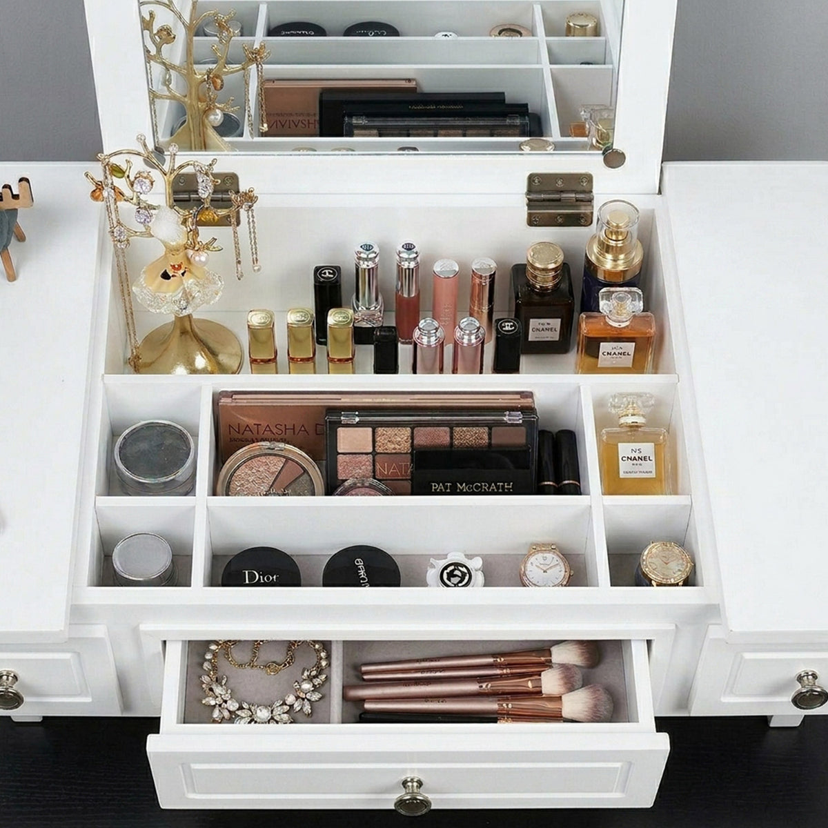Dressing Table Stool Set Flip Top Mirror Storage Drawer Bedroom Vanity